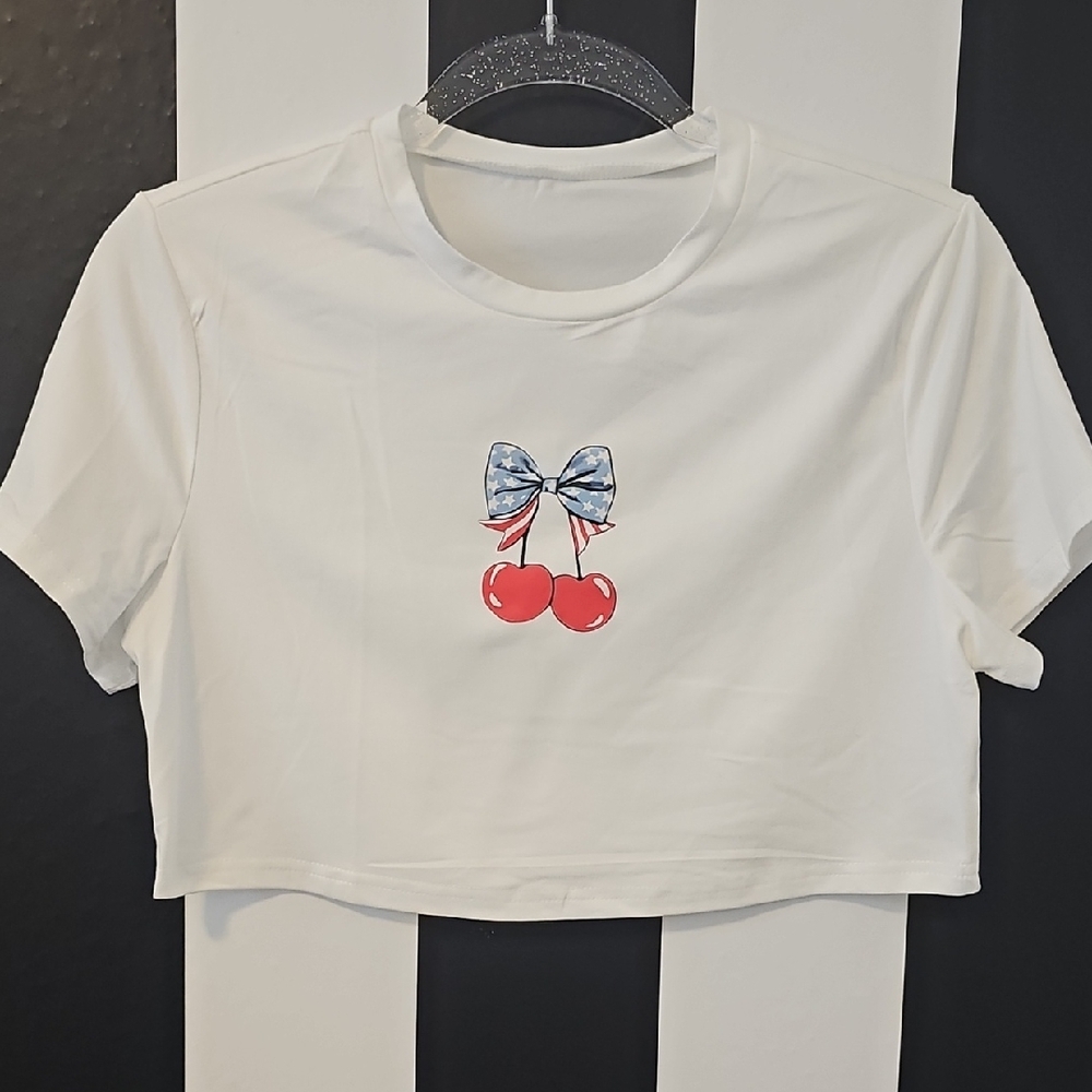 White Cherry Bow Crop Top